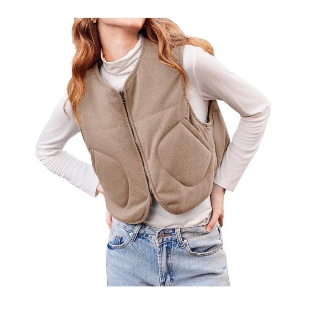 Tankaneo Quilted Vest Women Large Beige New Cropped Zip Up C1065